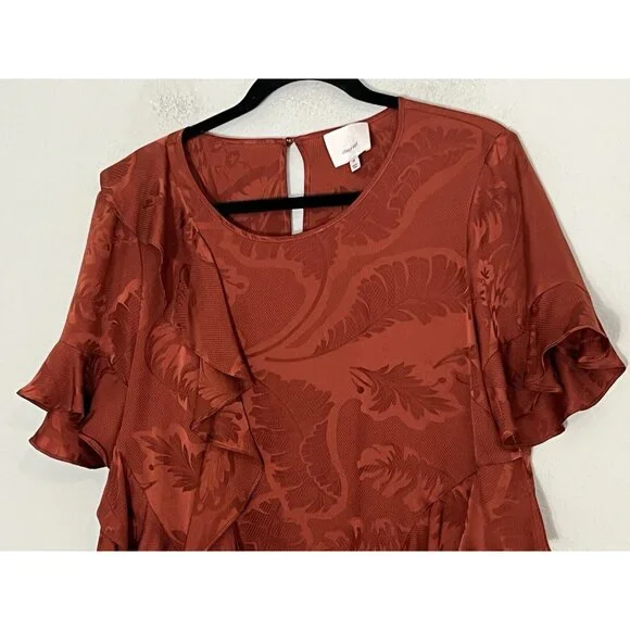 Cinq A Sept Silk Top Blouse Ruffle Asymmetric Size Medium Rust Orange Jacquard - Picture 4 of 15
